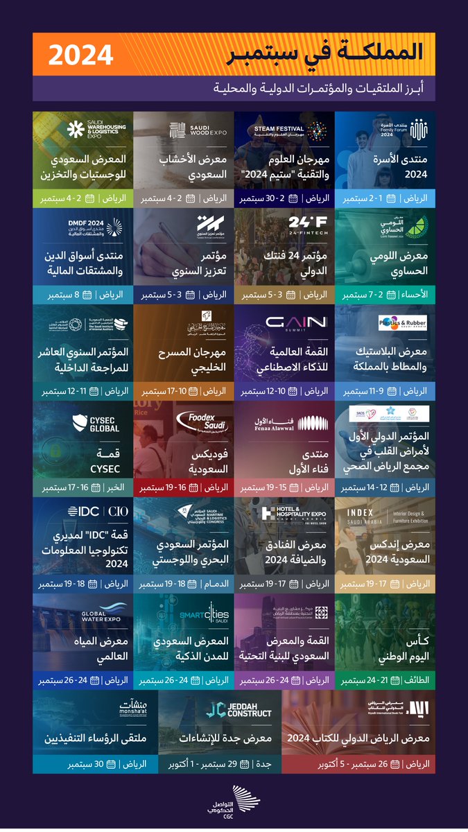 في الرياضة والعلوم والتقنيات والفنون؛ مؤتمرات ومحافل دولية ومحلية في #المملكة خلال شهر سبتمبر. #التواصل_الحكومي