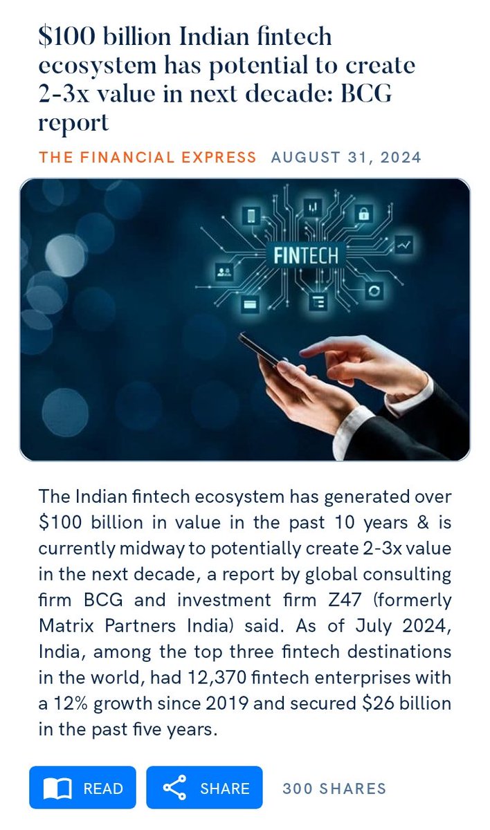 tridib_bordoloi's tweet image. $100 billion Indian #fintechecosystem has potential to create 2-3x value in next decade: BCG report

financialexpress.com/business/sme/1…