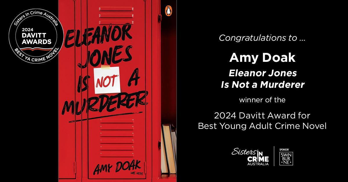#Davitts2024 winner for best young adult novel is Eleanor Jones in not a Murderer by Amy Doak. This is a debut novel. What an achievement. Congratulations. @penguinbooksaus