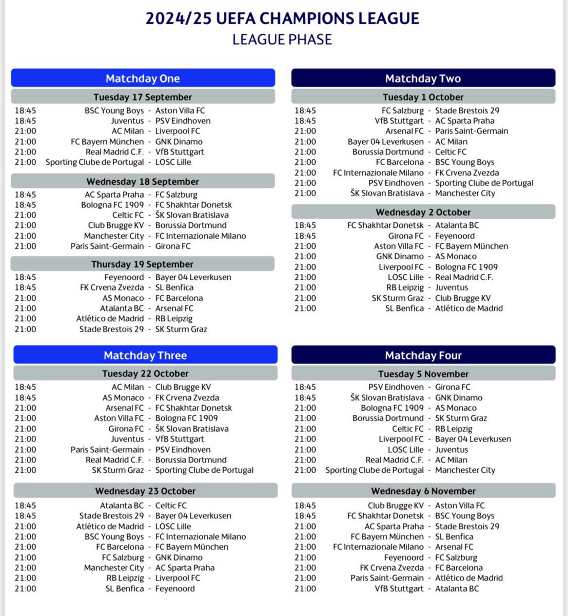 footmercato's tweet photo. 🚨OFFICIEL : Le calendrier général de la nouvelle Ligue des Champions ! 🤩 https://t.co/w6fwoDE058