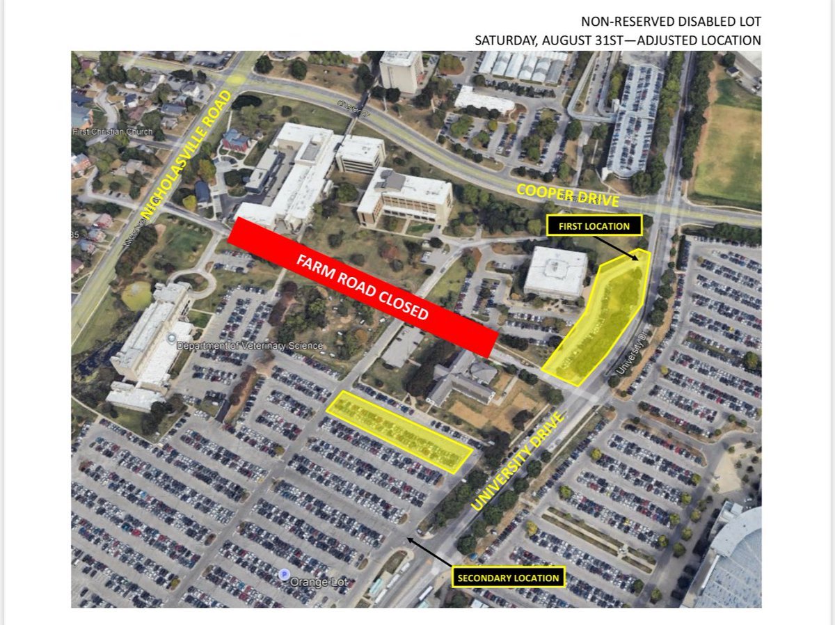 Urgent change for today’s <a href="/UKFootball/">Kentucky Football</a> game. 

Non-Reserved Disabled parking lot is moving back to Farm Rd for TODAY only.

Location No. 1 will be at Tobacco Research on Farm Rd

Once full, we will move overflow into the back of the Orange Lot.