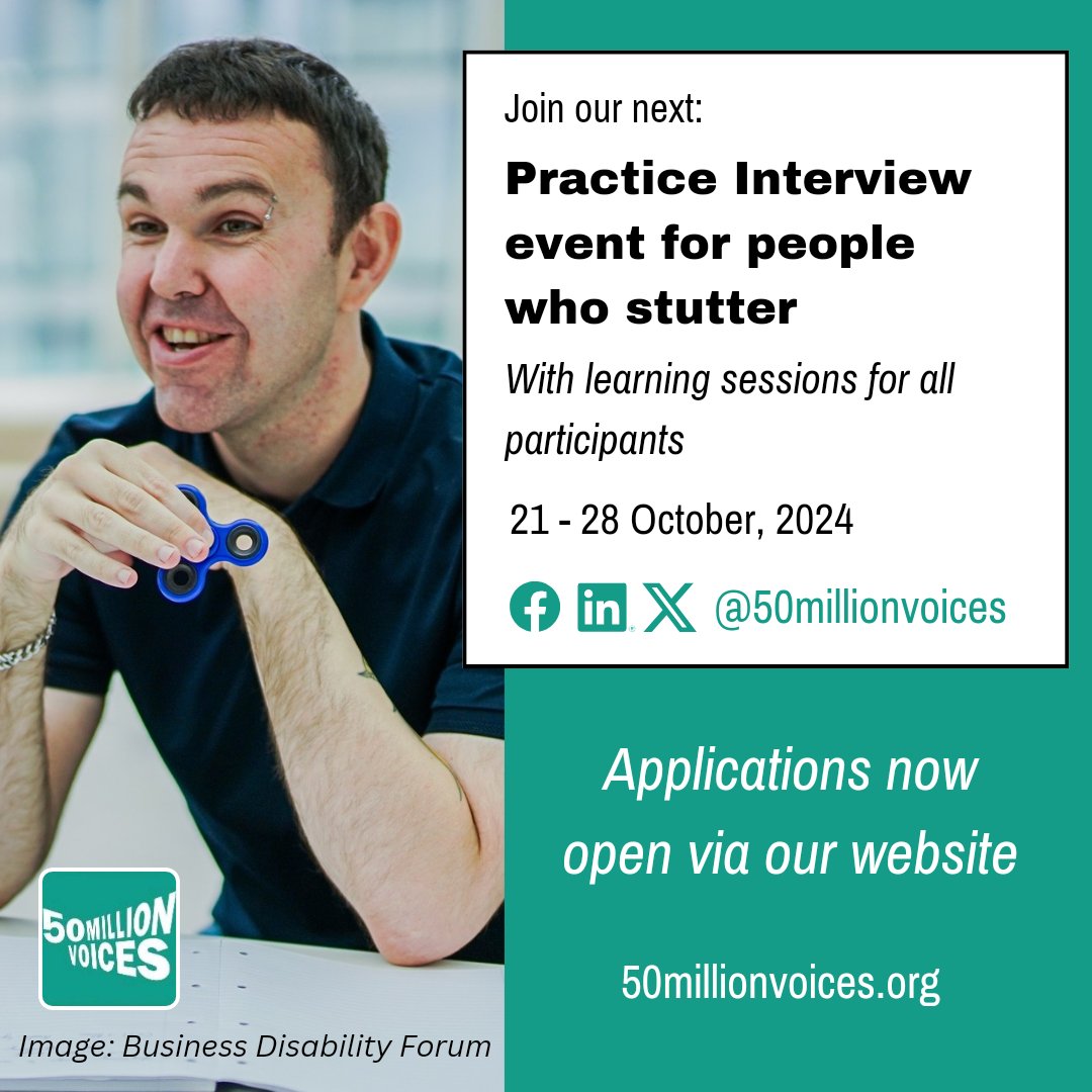 Please share with your networks! ...Applications now open for our 7th International Practice Interview event!  You can be an interviewee or interviewer who #stutters (a little or a lot) or an interviewer who doesn't stutter #ally . Info &amp; applications via 50millionvoices.org