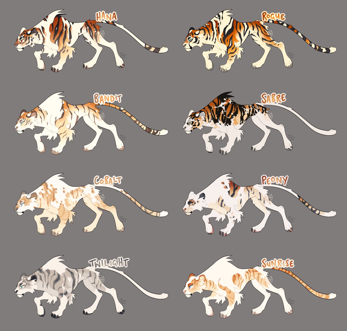 Piebald tiger adoptables!!! I love piebald and can never resist adding it to almost everything 😂 

Bandit, Cobalt and Twilight were pre-claimed in the ko-fi member pre-sale! The rest of the designs are now in my shop ✨ l/ink below
