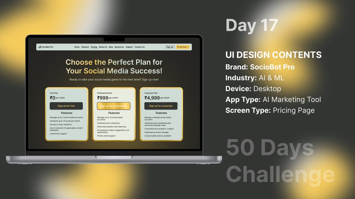 ashish1lexbaa's tweet image. 🚀 Day 17 of my #50DaysUIChallenge: Designing a pricing page for SocioBot Pro, an AI-powered social media marketing tool. Perfect plans for every need! 🎨💡
#UIDesign #UXDesign #AIDesign #DigitalMarketing #DesignInspiration
