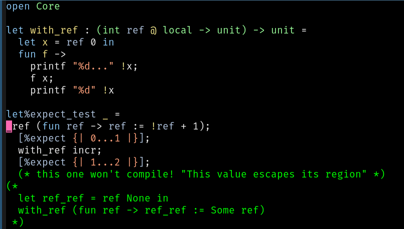 yminsky's tweet photo. One thing folk may have missed: you can now install our bleeding-edge compiler and libraries from opam, and then play with some of our new language features, and write code like this: https://t.co/c3EnxF7RxA