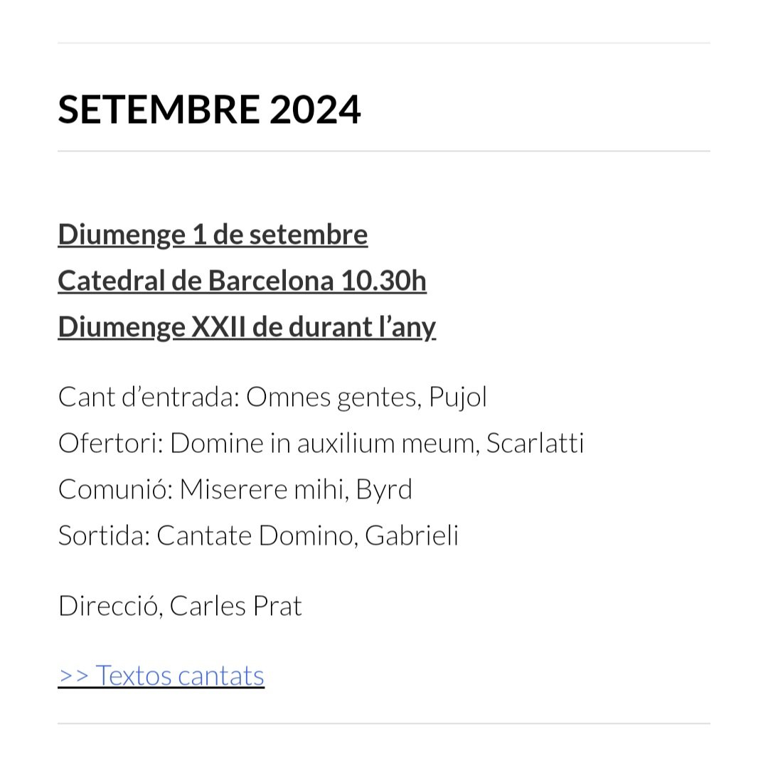 Iniciem setembre i temporada.

El director, tenor i compositor Carles Prat assumirà durant aquesta temporada la direcció del Cor Francesc Valls.

Demà a la Catedral de Barcelona motets de Pujol, Scarlatti, Byrd i Gabrieli.

<a href="/CarlesPrat4/">Carles Prat Vives</a>
<a href="/catedralbcn/">Catedral de Barcelona</a>