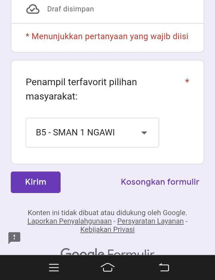 Selamat malam,
Minta tolong bantuannya untuk sekolah kami yaitu SMAN 1 NGAWI agar menjadi penampil terfavorit di ajang Ngawi Specta Carnival. Caranya gampang sekali:
1. Klik link di bawah docs.google.com/forms/d/e/1FAI…
2. Pilih penampilan nomor urut B5 - SMAN 1 Ngawi 
3. Klik kirim