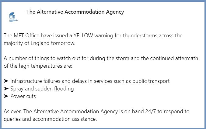 a3onlineuk's tweet photo. The MET Office have issued a YELLOW warning for thunderstorms across the majority of England tomorrow.

As ever, The Alternative Accommodation Agency is on hand 24/7 to respond to queries and accommodation assistance.

#a3onlineuk #insurance #claims #homeinsurance #storm https://t.co/t1QygvE6RL