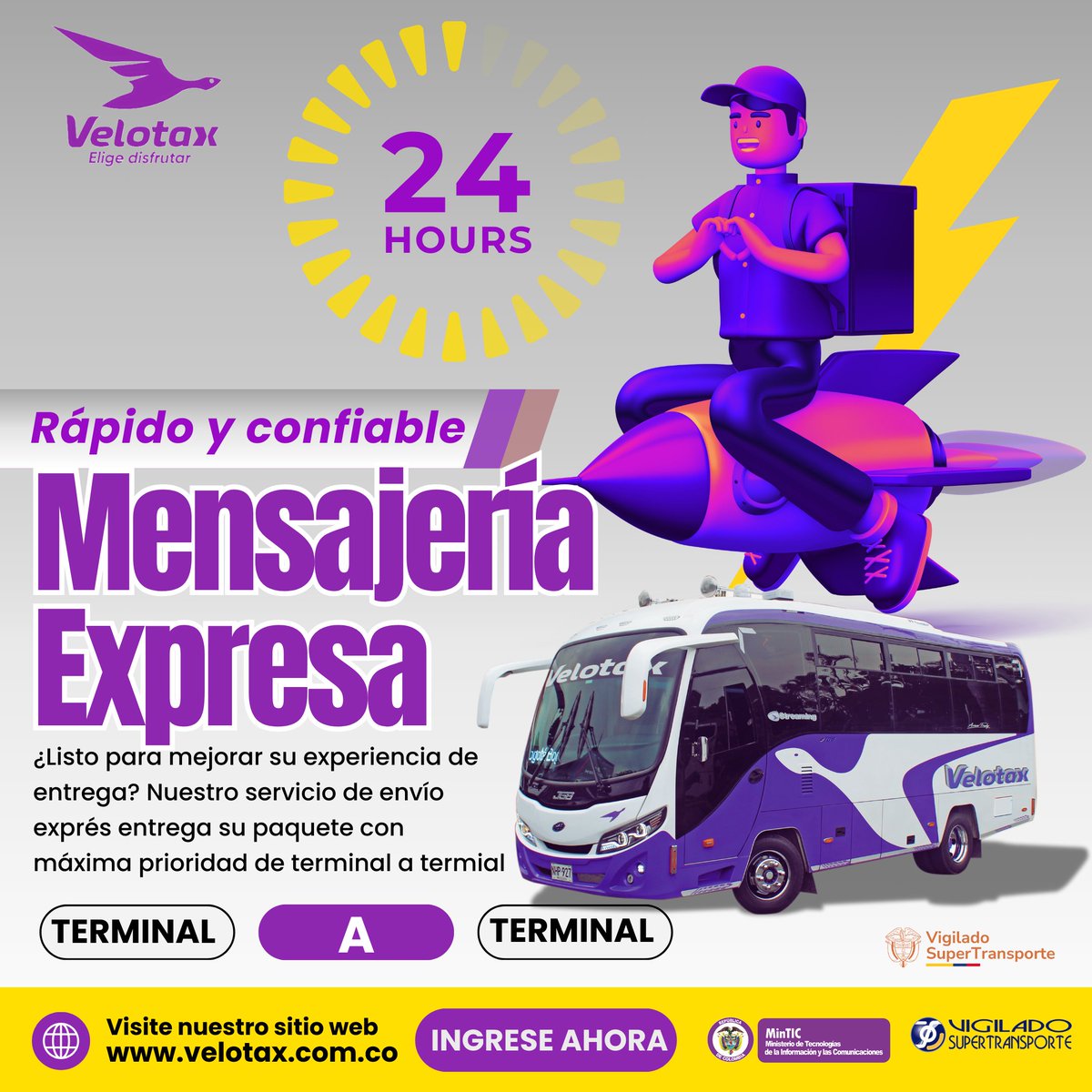 ¿Listo para mejorar tu experiencia de entrega? 
Visítanos en nuestras taquillas a nivel nacional y descubre la comodidad y rapidez de enviar con Velotax. ¡Confía en nosotros para tus envíos más urgentes! para mayor informacion entrar a nuestra pagina web velotax.com.co