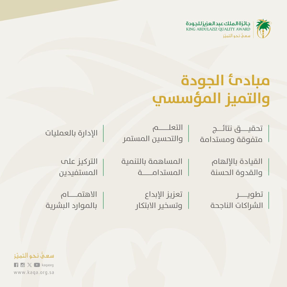 تتيح #جائزة_الملك_عبدالعزيز_للجودة للمنشآت المشاركة فرصة الاستفادة من خبراء التقييم، والانضمام للمنظومة الذكية للتميّز المؤسسي، والاحتفاظ بشعار التميّز لمدة عامين في حال فوز المنشأة بالجائزة.
#سعيٌ_نحو_التميز