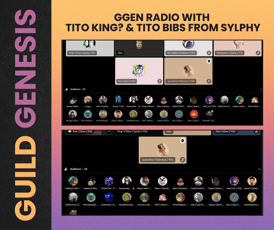 GuildGenesis's tweet photo. 𝐆𝐆𝐞𝐧 𝐑𝐚𝐝𝐢𝐨: 𝐀𝐮𝐠𝐮𝐬𝐭 𝟑𝟎, 𝟐𝟎𝟐𝟒

Maraming salamat sa @sylphyacademy sa pagpapahiram kina Tito @KingYGG_ at Tito @nftbibs at pagbabahagi ng kanilang karanasan sa buhay-buhay! Salamat din kina Tito. Sa mga sumama, maraming salamat!

#YGG #GuildAlliance https://t.co/GyHpPO0cqA