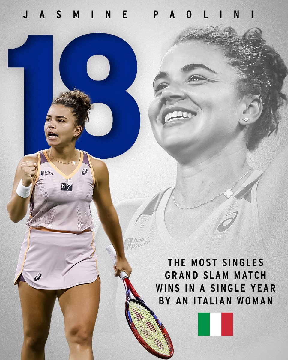 usopen's tweet image. Coming into 2024, Jasmine Paolini had four Grand Slam wins.

She now has the most in a single year by an Italian woman.

BREAKTHROUGH 🇮🇹
