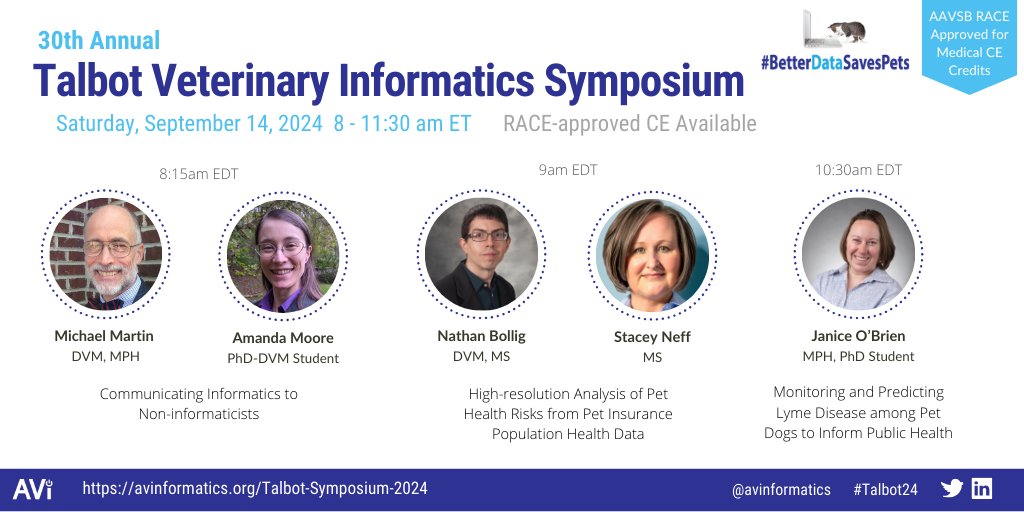 avinformatics's tweet image. Talbot Symposium 2024 Agenda - Day 1 morning sessions. Join us on the live stream or in-person at @VaMdVetMed Register online: avinformatics.org/Talbot-Symposi…
#Talbot24 #avinformatics #vetinformatics #betterdatasavespets #informatics
