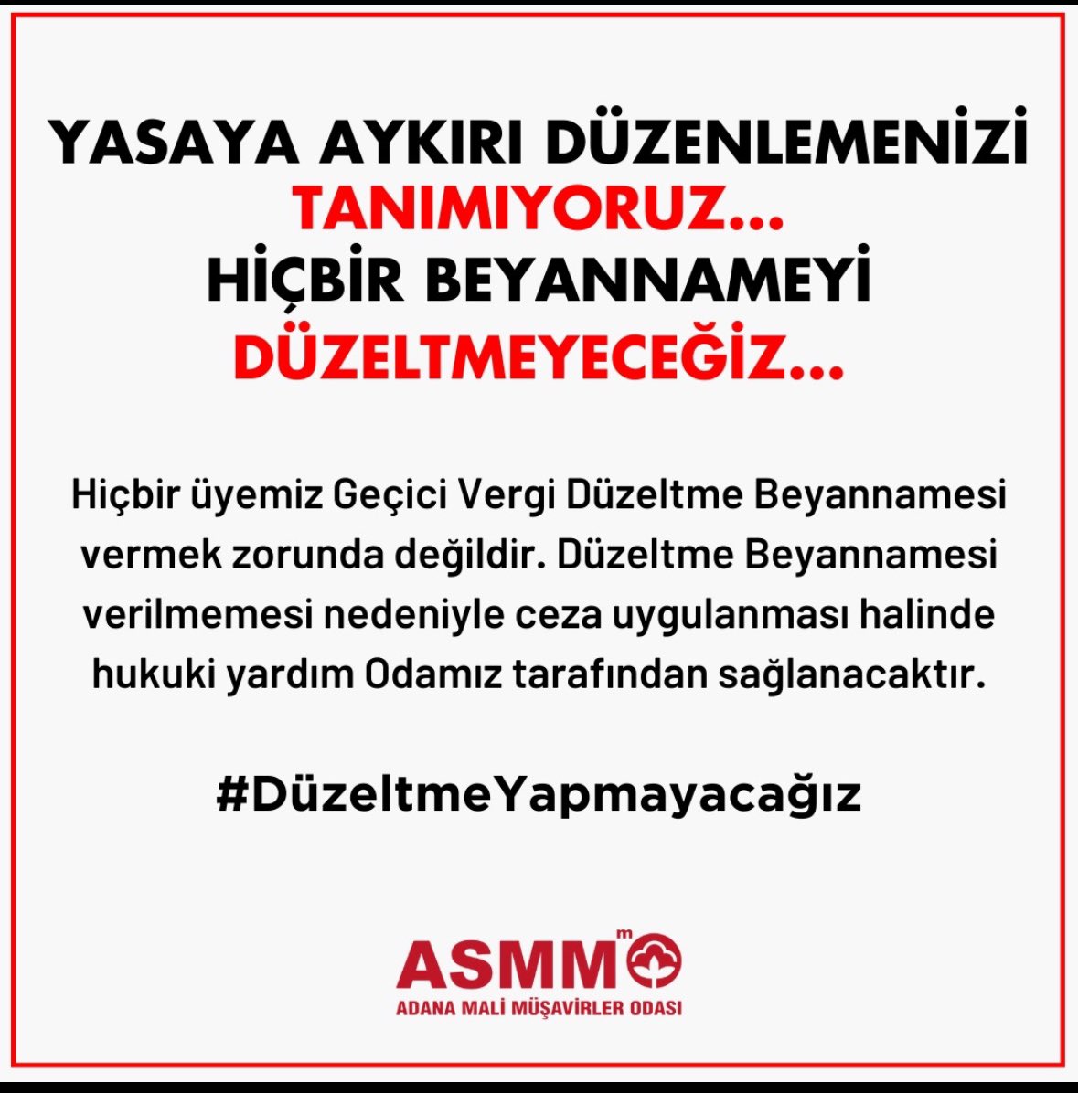 Ⓜ️Arzu Şahingöklü (@arzusahingoklu) on Twitter photo Adana Odası olarak Geçici Vergi Düzeltme Beyannamesi vermiyoruz.. Bilginize <a href="/HMBakanligi/">T.C. Hazine ve Maliye Bakanlığı</a> <a href="/memetsimsek/">Mehmet Simsek</a> <a href="/turmob/">TÜRMOB</a> Adana Odası olarak Geçici Vergi Düzeltme Beyannamesi vermiyoruz.. Bilginize <a href="/HMBakanligi/">T.C. Hazine ve Maliye Bakanlığı</a> <a href="/memetsimsek/">Mehmet Simsek</a> <a href="/turmob/">TÜRMOB</a>