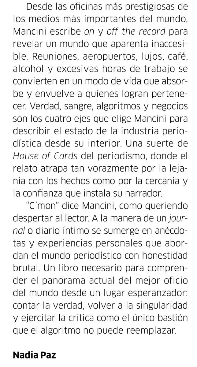 Hace 20 años, leer Le Monde Diplomatique era un lujo para mí. Lo conté en OFF THE RECORD y por eso hoy esta reseña es un honor inesperado. Gracias Nadia Paz <a href="/obrasnarradas/">Nadia Paz</a> <a href="/Ampersand_ed/">EdicionesAmpersand</a> <a href="/ElDiploConoSur/">El Dipló</a>