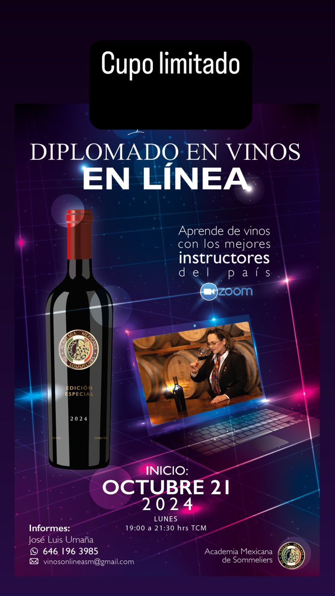 Gina Estrada ( Ginasommelier ) (@ginasommelier) on Twitter photo RT RT Te gusta el vino y no tienes tiempo de salir a estudiar un Diplomado?
100% en línea, te mandamos copas y vinos a tu casa.
Aprovecha las promociones del mes.
Los mejores instructores del país.
Cupo limitado
Informes 👇🏻
<a href="/DiplomadoVinos/">Diplomado en Vinos On Line</a> RT RT Te gusta el vino y no tienes tiempo de salir a estudiar un Diplomado?
100% en línea, te mandamos copas y vinos a tu casa.
Aprovecha las promociones del mes.
Los mejores instructores del país.
Cupo limitado
Informes 👇🏻
<a href="/DiplomadoVinos/">Diplomado en Vinos On Line</a>