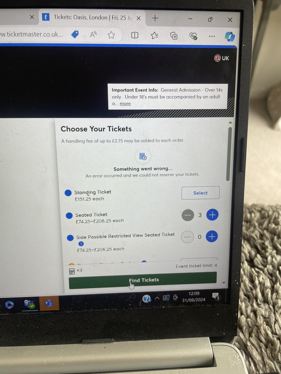 thipperson202's tweet photo. @TicketmasterCS  I got through the queue 4 hours ago and every time I try to choose my tickets I get this error message.  I’ve tried every 5 minutes, scores and scores of times and I keep getting it…can you help? https://t.co/FldUTXVVM6