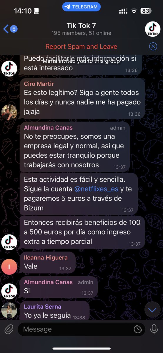 Patrizia Cotza (@patcotza) on Twitter photo Pues esto ha pasado, <a href="/NetflixES/">Netflix España</a> capta seguidores en <a href="/TikTok_ES/">TikTok España</a> añadiendo clientes a un grupo de Telegram, 5 € regalan.
Yo puedo ver el nombre de otros clientes. Dudo hasta que punto esto es legal (cc <a href="/consumidores/">OCU</a>) Pues esto ha pasado, <a href="/NetflixES/">Netflix España</a> capta seguidores en <a href="/TikTok_ES/">TikTok España</a> añadiendo clientes a un grupo de Telegram, 5 € regalan.
Yo puedo ver el nombre de otros clientes. Dudo hasta que punto esto es legal (cc <a href="/consumidores/">OCU</a>)