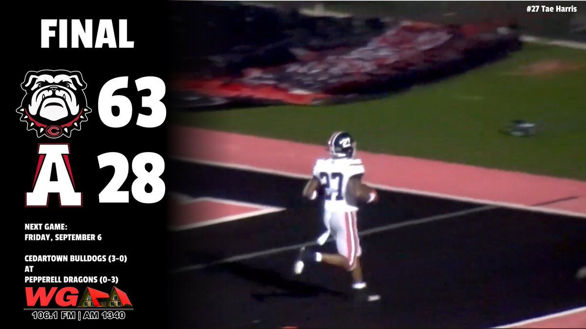 WGAA Radio (@wgaaradio) on Twitter photo Congratulations to <a href="/CedartownF/">Cedartown Football</a> on a big win over Alexander 63-28. Tae Harris with four touchdowns in the victory helps the Dawgs improve to 3-0 on the season. The Pepperell Dragons host the Bulldogs next week. #GoDawgs #RelentlessEffort Congratulations to <a href="/CedartownF/">Cedartown Football</a> on a big win over Alexander 63-28. Tae Harris with four touchdowns in the victory helps the Dawgs improve to 3-0 on the season. The Pepperell Dragons host the Bulldogs next week. #GoDawgs #RelentlessEffort