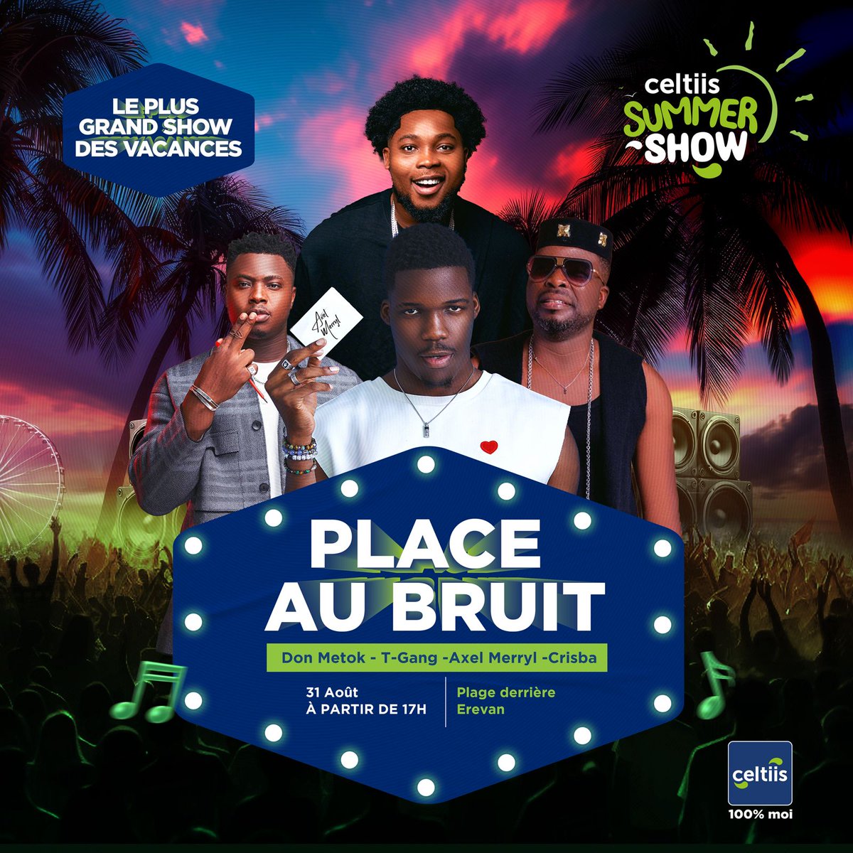 celtiisbj's tweet photo. Béninois 🇧🇯 et fier de l'être ? Ce soir, c'est ton rendez-vous !
#Crisba, #TGang, #DonMetok et #AxelMerryl seront là pour te faire vivre le plus grand show🔥 des vacances !
Rejoins-nous à la plage derrière Eravan à 17h pour une soirée de folie !
#wasexo https://t.co/RJWOySFjGF