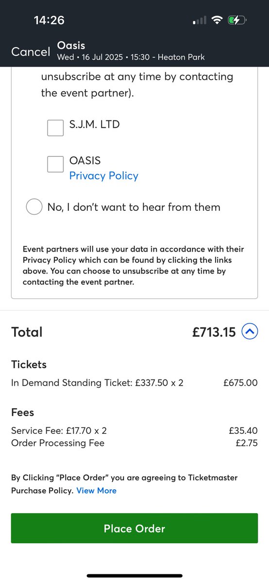 Robblybob's tweet photo. @oasis @TicketmasterUK @AndyBurnhamGM   How can Ticketmaster justify adding over 100% to the ticket price when they are already priced at a premium???  Over £700 for 2 tickets to Heaton Park!  #Disgrace #legislationneeded https://t.co/IITErv4APN