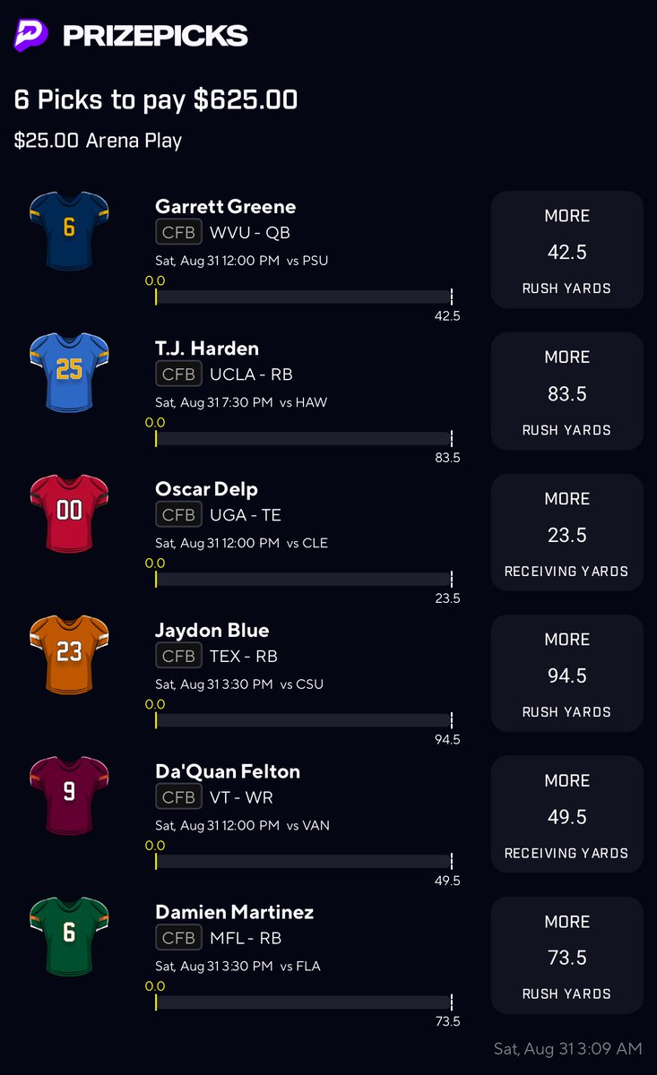HammerPicks69's tweet photo. NCAAF WEEK 1 25X 🏈💥

$50 GIVEAWAY IF WE GO 6/6! 👀

like &amp; retweet to enter. 🫶🏻

i’ve posted 12 plays in the FREE DubClub!! JOIN BELOW! 🆓🆓⬇️⬇️
https://t.co/RPQEoksH9A

love these matchups, love the upside… let’s bang. 😘

#PrizePicks https://t.co/n6QbJiAYDh