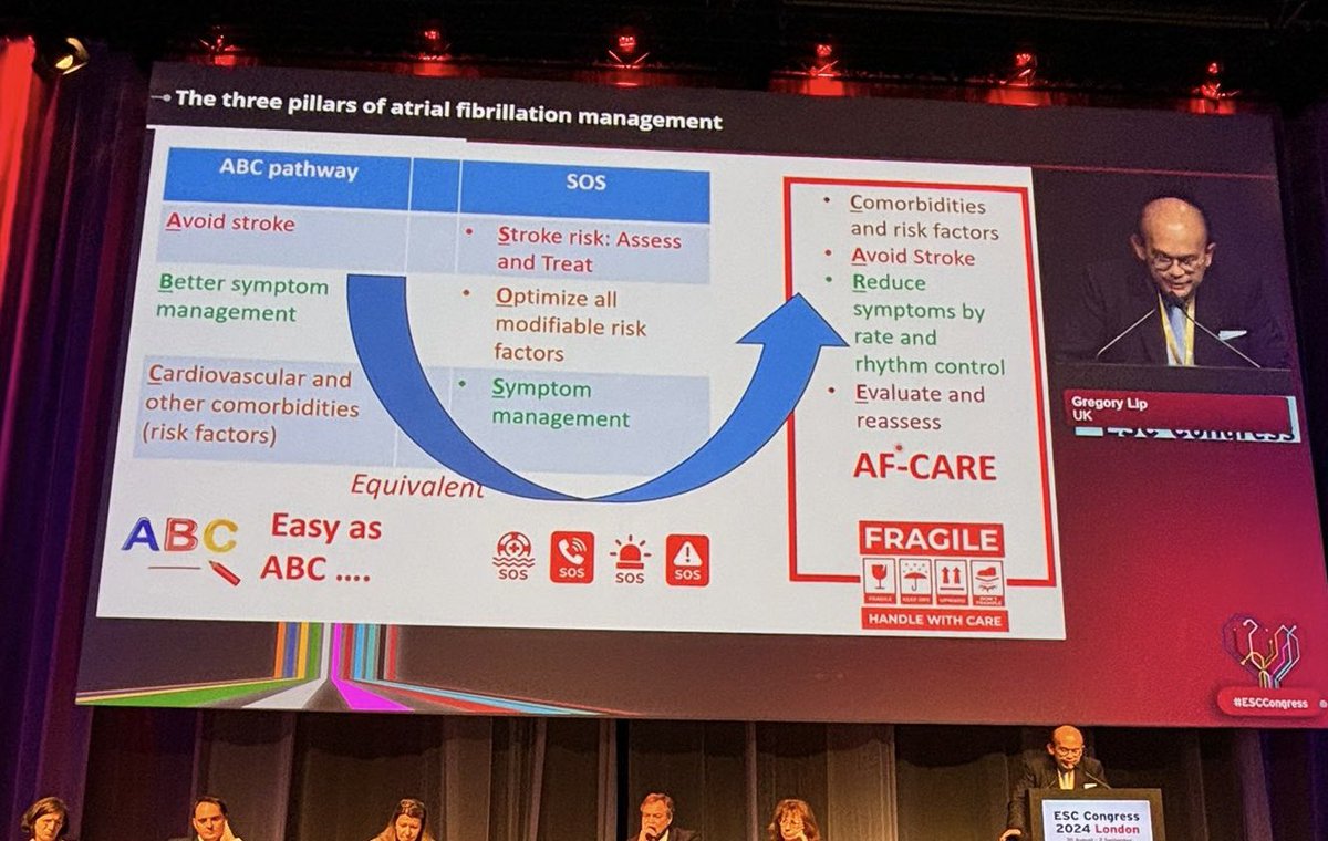 #ESCCongress 🇬🇧 Day2

✏️Integrated care is the mainstay of #Afib management to reduce risk of outcomes. Widespread use is needed!

📌Use simple pathways to streamline #itseasyasABC 

<a href="/LiverpoolCCS/">Liverpool Centre for Cardiovascular Science</a> <a href="/GiulioFRomiti/">Giulio Francesco Romiti</a> <a href="/B_Corica/">Bernadette Corica</a> <a href="/JacopoImberti/">Jacopo Imberti</a> <a href="/DavideMei93/">Davide Mei</a> <a href="/GerraLuigi/">Luigi Gerra</a> <a href="/marcovitoloMD/">Marco Vitolo Ⓜ️</a>