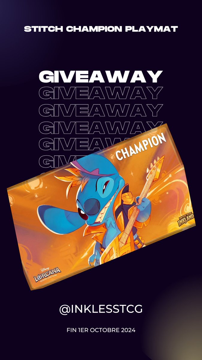 InklessTCG (@inklesstcg) on Twitter photo Playmat Stitch Champion DISNEY #Lorcana à gagner ! #Giveaway 🎁
Pour participer :
✅ RT + follow <a href="/InklessTCG/">InklessTCG</a>
✅Dis-nous ta carte #Lorcana préféré en réponse !
🍀Tirage au sort le 01 Octobre. Playmat Stitch Champion DISNEY #Lorcana à gagner ! #Giveaway 🎁
Pour participer :
✅ RT + follow <a href="/InklessTCG/">InklessTCG</a>
✅Dis-nous ta carte #Lorcana préféré en réponse !
🍀Tirage au sort le 01 Octobre.