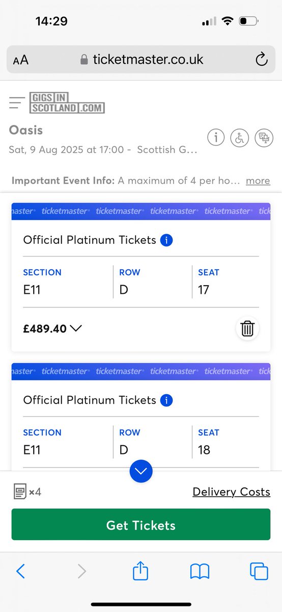 Lanadoo's tweet photo. It’s a bit of a farce trying to stop resale surge prices but then allowing this … £489 for a seat and £357 for 1 standing ticket on @TicketmasterUK what a joke @oasis fans getting priced right out 🤢 have a word 
#Oasis25 #Ticketmaster https://t.co/sPfIyFk83Q