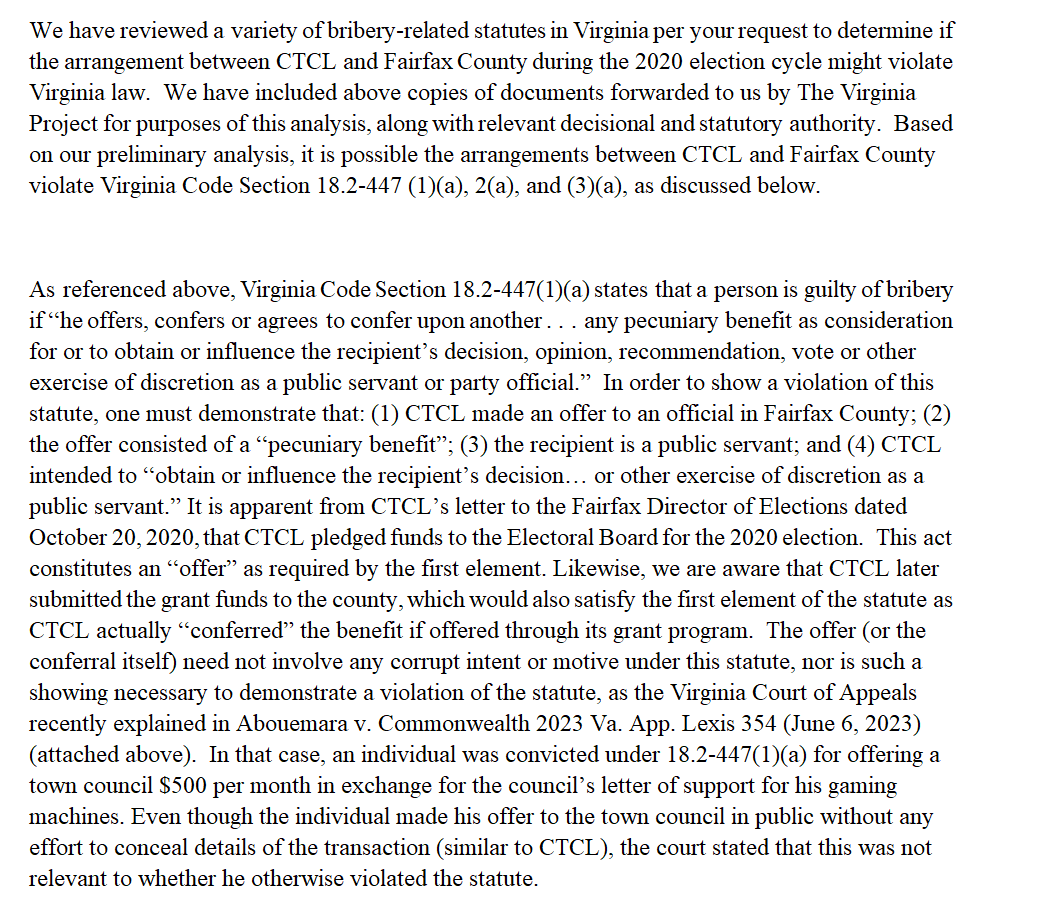 ProjectVirginia's tweet photo. Legal opinion on Zuckerbucks and Virginia's bribery statute.

It's not ambiguous, and it's not a close call. Zuckerberg and all decision-makers at CTCL are felons under Virginia law. Prosecution must ensue. https://t.co/okMO4pSjKb