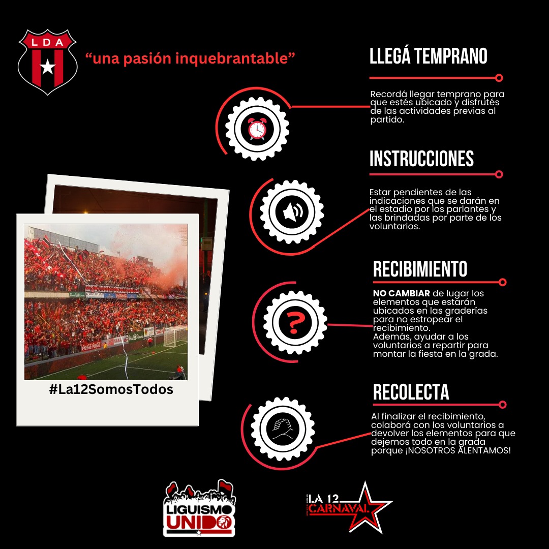 Liguistas, a dejar todo en la grada este domingo, les compartimos esta importante información para el recibimiento del día de mañana.

¡Solo existe una fiesta, la del Alajuelense!
🦁 🔥 🥁🎺 🚩 🏴 🔥

#LiguismoUnido