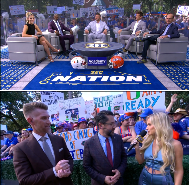 bhofheimer_espn's tweet photo. Welcome back to another season of #MartyMcGee &amp; #SECNation - live from Gainesville today where it's a homecoming for @UF alums @LauraRutledge &amp; @TimTebow. 

Also, fellow Florida alum @BrookeEdenMusic intro'd her new rendition of Nation's theme song. #GoGators 🐊 https://t.co/1z0nNFre2N