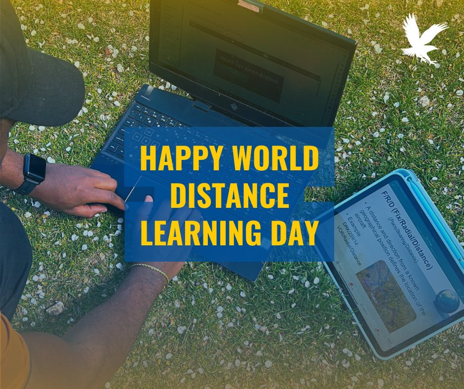 ERAU_Daytona's tweet image. For World Distance Learning Day, we&apos;d like to give a huge shoutout to our Eagles far and wide! 🌎

Thank you for choosing to build your future with Embry-Riddle, no matter the distance. Comment where you&apos;re studying from! #GoERAU #DistanceLearningDay