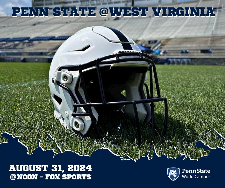 PSUWorldCampus's tweet photo. The #PennState #NittanyLions are going down to Morgantown, where they will kick off the 2024 football season against the Mountaineers of West Virginia!
Tune in to FOX Sports at 12:00PM ET to cheer on the Blue and White 🔵⚪🏈
#PennStateFootball #PennStateWorldCampus #WeAe https://t.co/kg2uaKfidZ