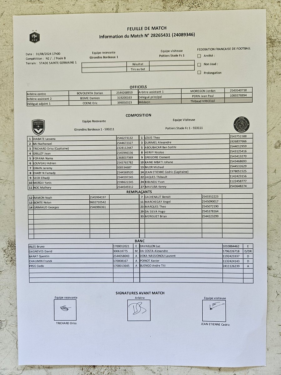 1ère feuille de match des <a href="/girondins/">FC Girondins de Bordeaux</a> version N2.