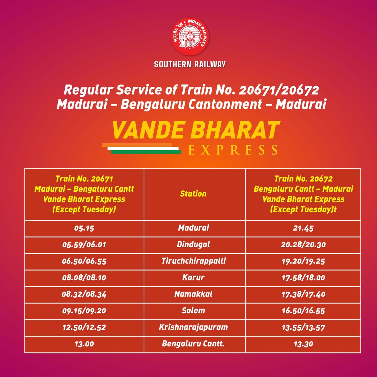 All aboard for a seamless journey! 🚂

The Regular service of Train No. 20671/20672 Madurai Jn - Bengaluru Cantonment - Madurai Jn begins September on 2nd, 2024.

#SouthernRailwayAll