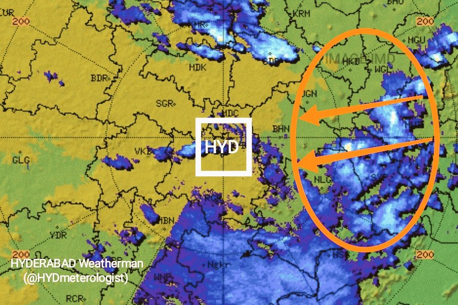 HYDERABAD Weatherman (@hydmeterologist) on Twitter photo #HyderabadRains ALERT⚠️
07:30PM
Massive Clouds from Warangal moving East,
Hence Heavy-Very Heavy Rainfall ⛈️ very likely at most places of the City tonight after 9PM
Hyderabad Residents are advised to stay safe & indoors.
<a href="/HiHyderabad/">Hi Hyderabad</a> <a href="/gadwalvijayainc/">Vijayalaxmi Gadwal, GHMC MAYOR</a> #HyderabadRains ALERT⚠️
07:30PM
Massive Clouds from Warangal moving East,
Hence Heavy-Very Heavy Rainfall ⛈️ very likely at most places of the City tonight after 9PM
Hyderabad Residents are advised to stay safe & indoors.
<a href="/HiHyderabad/">Hi Hyderabad</a> <a href="/gadwalvijayainc/">Vijayalaxmi Gadwal, GHMC MAYOR</a>