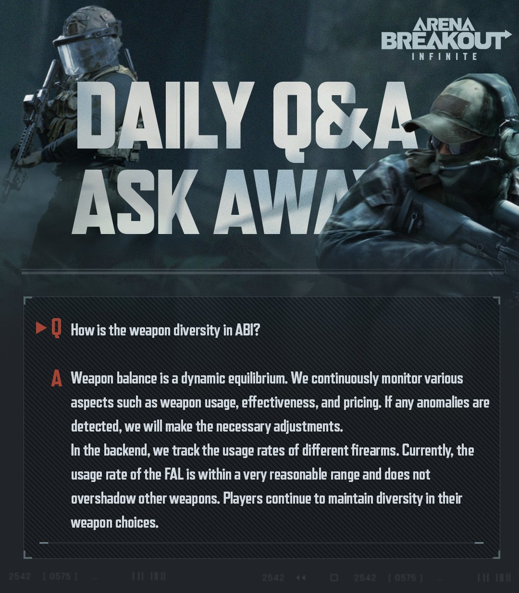 ArenaBreakoutPC's tweet photo. Learn how we pick weapons and keep the balance in #ArenaBreakoutInfinite #AskABI https://t.co/GLzmXLOkRp