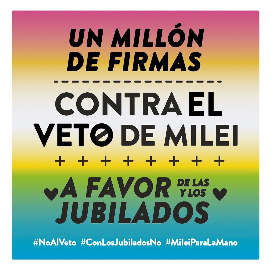 Buenos días para todos y todas menos para el que firmó el veto contra el aumento a los jubilados. 

Ahora necesitamos la firma que va, la tuya. 

✍️ UN MILLÓN DE FIRMAS CONTRA EL VETO DE MILEI Y A FAVOR DE LOS Y LAS JUBILADAS. 

Sumá tu firma 👇🏻
chng.it/82yjMNWkjm