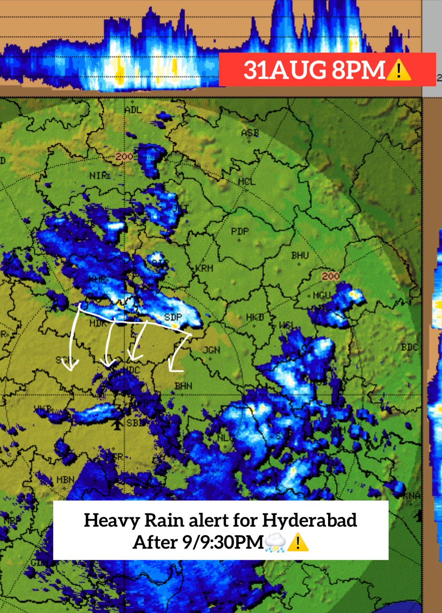 Hyderabadrains's tweet photo. #31AUG 8PM⚠️
First Heavy Spell From Depression (వాయుగుండం) now Moving Towards #Hyderabad⛈️⚠️
Heavy Rain Alert for Hyderabad after 9/9:30PM.
Plan Accordingly!!
#Hyderabadrains https://t.co/l8oUSo782H