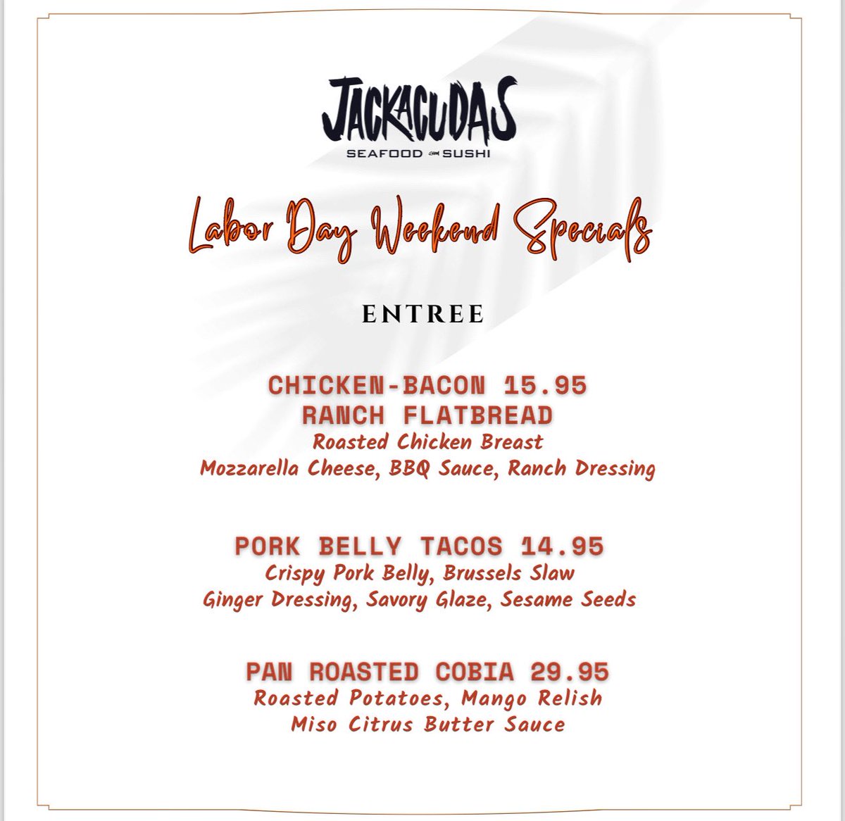 Come and spend #LaborDayWeekend with us! 

#laborday #weekend #weekendvibes #jackacudas #cocktails #sushi #seafood #happyhour #backtoschool #vacation #florida