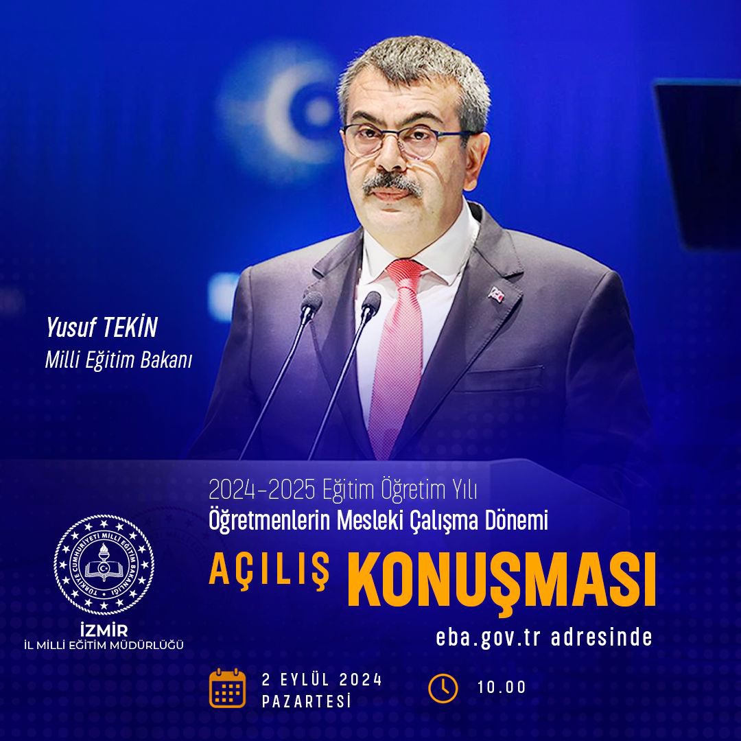 📍Milli Eğitim Bakanımız Yusuf Tekin, 2024-2025 Eğitim Öğretim Yılı Öğretmenlerin Mesleki Çalışma Dönemi Açılış Konuşması yapacaktır.

<a href="/tcmeb/">Millî Eğitim Bakanlığı</a> 
<a href="/Yusuf__Tekin/">Yusuf Tekin</a> 
<a href="/drsuleymanelban/">Dr. Süleyman Elban</a> 
<a href="/yahsiomer/">Dr. Ömer YAHŞİ</a>