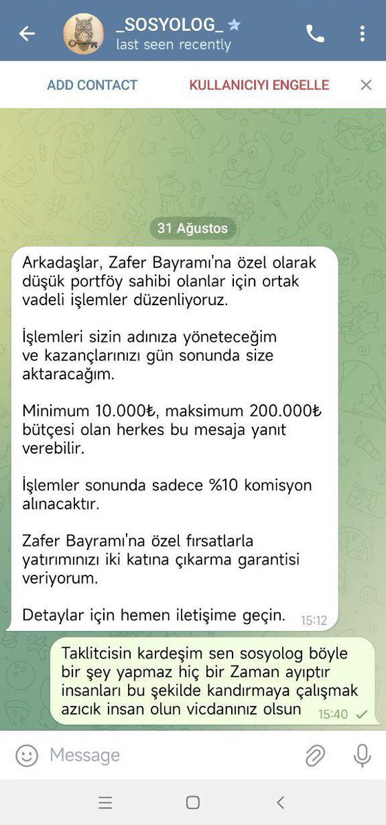 Merhaba değerli dostlarım.Son zamanlarda farklı platformlardan takipcilerimin özellerine ücret karşılığı copy trade,portföy yönetimi yaptığım vs gibi mesajlar atılıyor.Bu gibi sahtekarlara itibar etmeyiniz.Bunlar dolandırıcıdır.Paranızı bu aşağılık yaratıklara kaptırmayınız