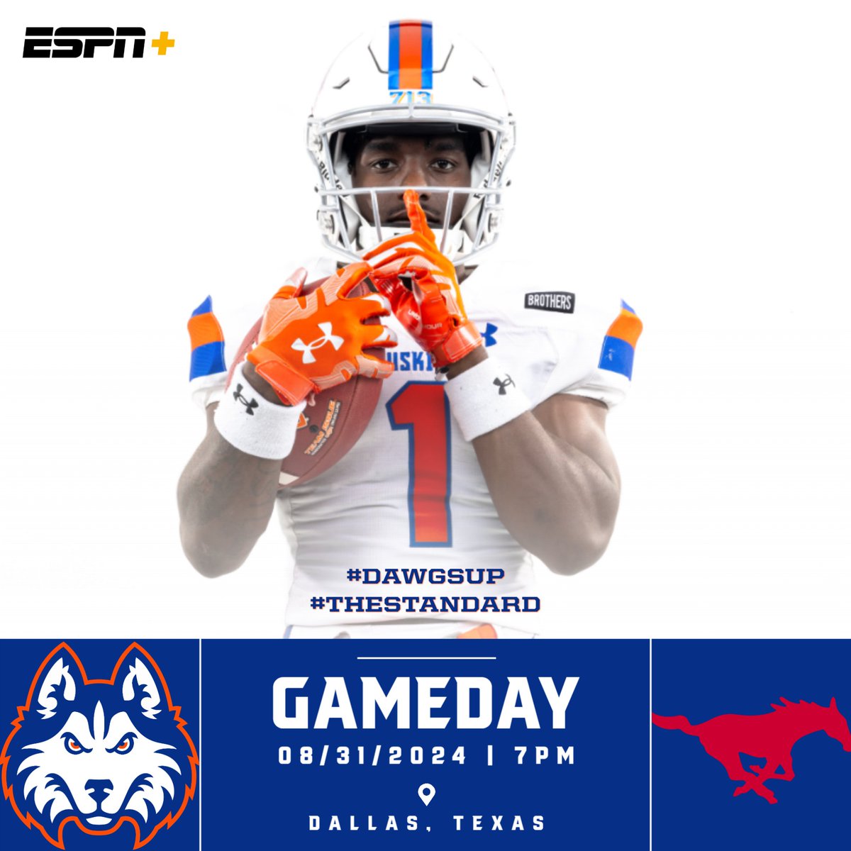 Good morning, <a href="/HCUFootball/">HCU Football</a> fans! It's Gameday #1️⃣! The Huskies open the season against SMU tonight at 7 pm in Dallas! Can't make the trip to Dallas? Watch on ESPN+!

#DawgsUp
#TheStandard

📺 es.pn/4ga7k7q
📻 bit.ly/3Wdn9kT
📊 bit.ly/4g5GLAq