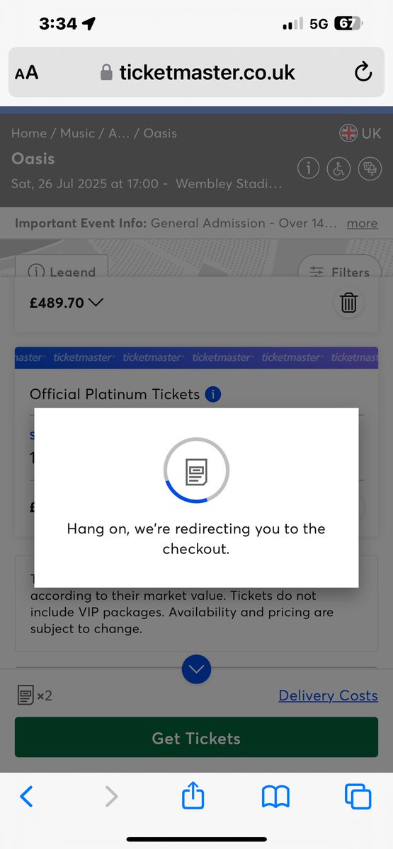 Queued online from 9am until 3.30pm. Finally in and 2 tickets for #oasis2025 select for purchase. #Ticketmaster kicked me out for being a bot. Several friends had the same experience.  #absolutejoke