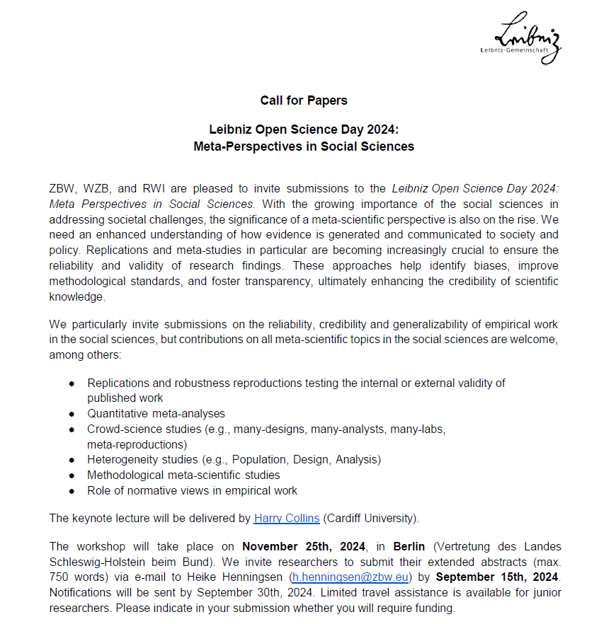 jrgptrs's tweet photo. Submit papers for our Meta-Science Workshop in Berlin this November! Or just come &amp; join to meet a keynote speaker who has been doing science of science decades before we gave it a fancy name: Harry Collins from Cardiff @LeventNeyse @maqartan @mariannesaam https://t.co/GFoC8L0Izr https://t.co/VBh7nIraho