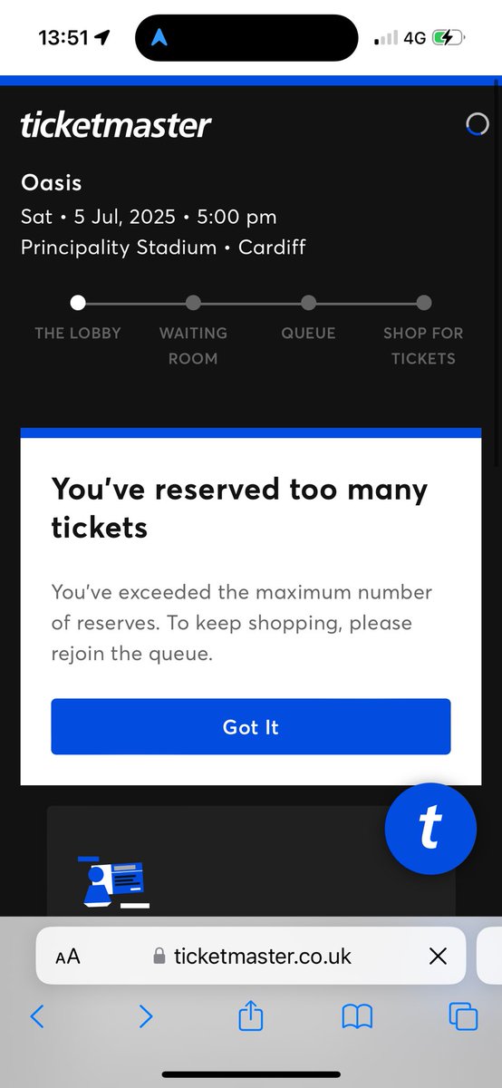 Ticketmaster isn't fit for purpose. Eight hours queuing, numerous times in the checkout, been suspected as bot, session suspended, website crashed as placing order, put to back of queue many times, price jumps of over 300% how does this shitty website have a monopoly?!  #Oasis