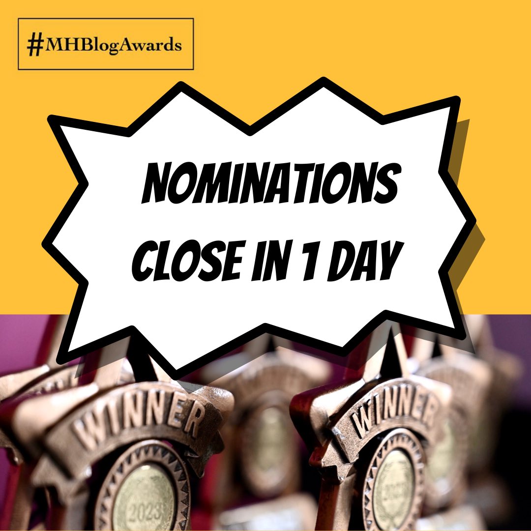Last chance ❗️Nominations for this year’s Mental Health Blog Awards close in 1 day❗️

Find out more about #MHBA24 and nominate at mhblogawards.com 

#MentalHealth #Blogger #MHBlog #MHBlogger #Wellbeing