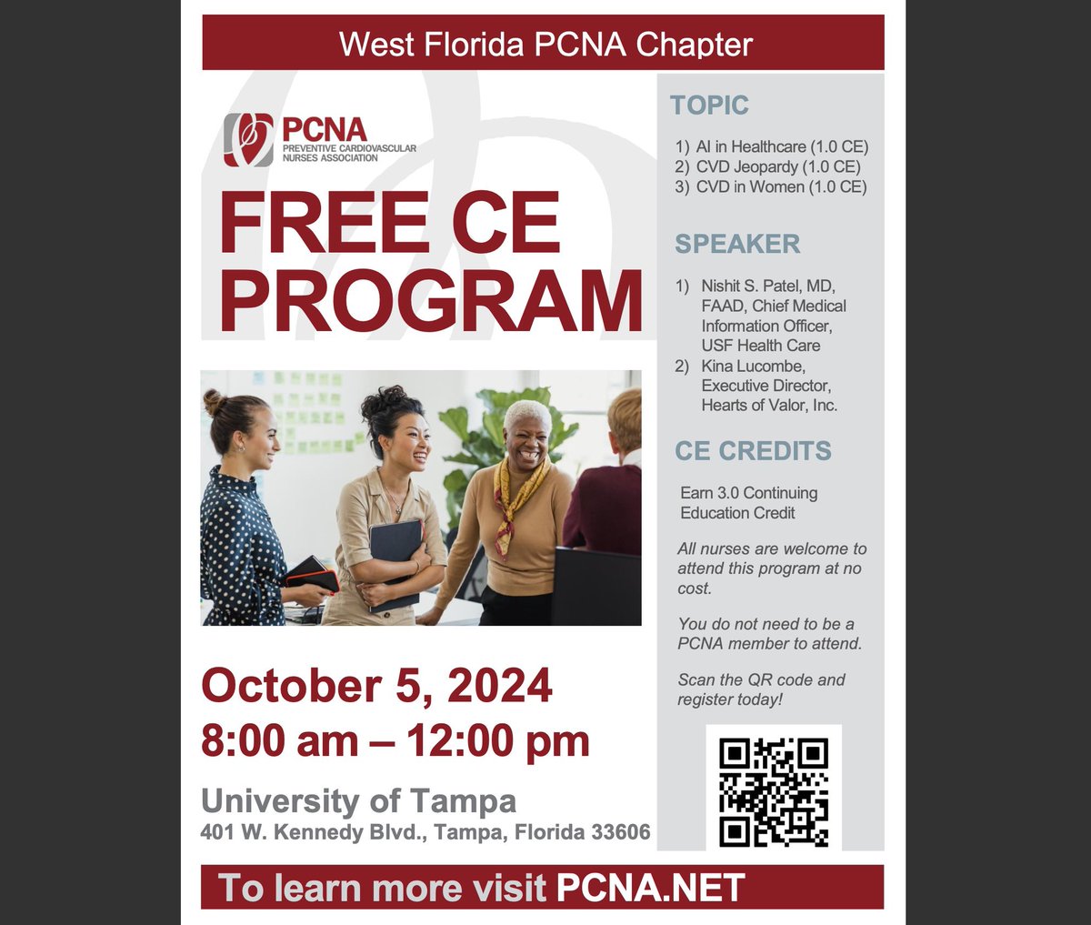 Local friends - are you a nurse or a nurse practitioner or do you know one?  Saturday, October 5, our local PCNA chapter is hosting our fall learning event at the University of Tampa. This FREE event is open to ALL NURSES and will offer BREAKFAST and 3 CEs!