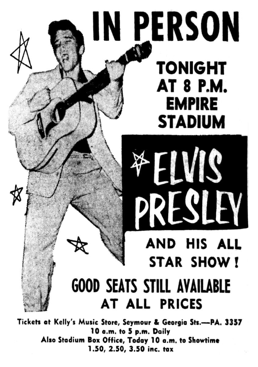 deejayred's tweet image. On August 31 1957, Vancouver hosted the appearance of the King of Rock'n'Roll. @ElvisPresley's Empire Stadium concert had been anticipated with great fanfare. More than 26,000 tickets were sold for the event. More: bit.ly/3X63dR7